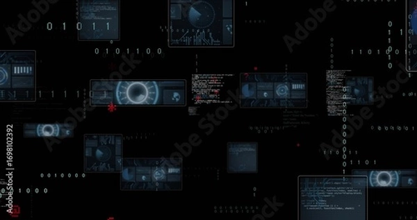 Fototapeta Displaying central radial gauge panel on virtual control dashboard, featuring holographic UI panels