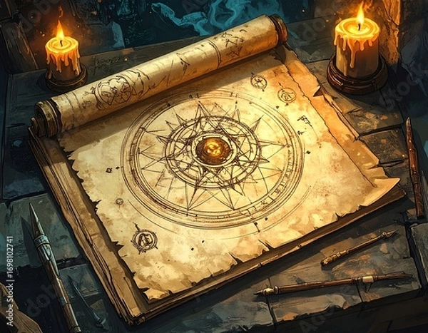 Obraz A mysterious pirate's magic square treasure map with a skull compass, lit by glowing candles