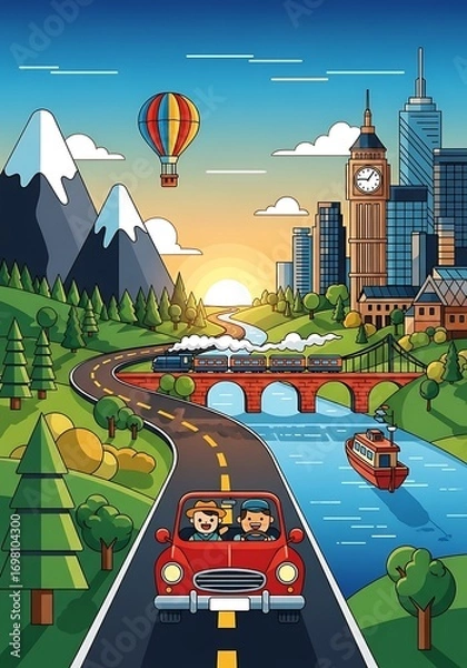 Fototapeta Adventure awaits with a scenic journey across various transportation modes