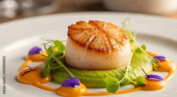 Fototapeta Artfully plated seared scallop with vibrant vegetable puree presentation