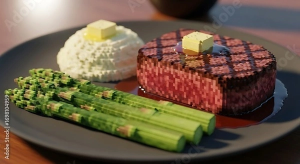 Fototapeta Artistic Pixelated Steak Dinner Plated with Asparagus and Mashed Potatoes