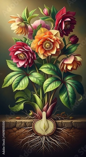 Fototapeta Artistic hellebores bouquet with vibrant tones on a textured setting