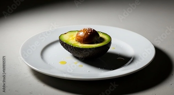 Fototapeta Artistic presentation of avocado with pit and oil, minimalist culinary