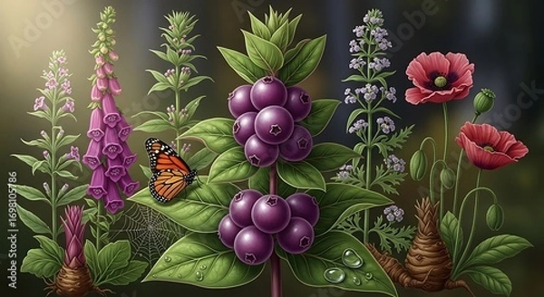 Fototapeta Detailed botanical illustration featuring various flowers and a butterfly