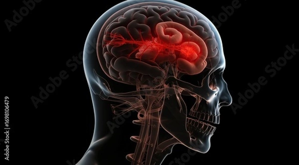 Fototapeta Illustration of the human head with the brain highlighted in red, showing a menacing and painful expression due to a corrosive analysis, isolated on a dark background.
