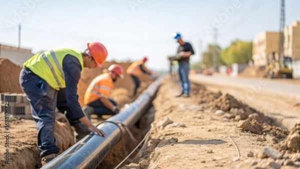 Fototapeta Construction team installing underground pipe — trench work under clear sky