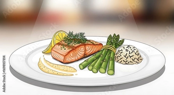 Fototapeta Elegant salmon fillet presentation with vibrant lemon and green asparagus
