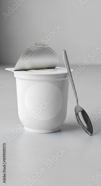 Fototapeta Minimalistic yogurt cup mock-up with a sleek metallic spoon, packaging