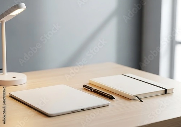 Fototapeta Modern workspace composition with tablet, notebook and lamp for productivity
