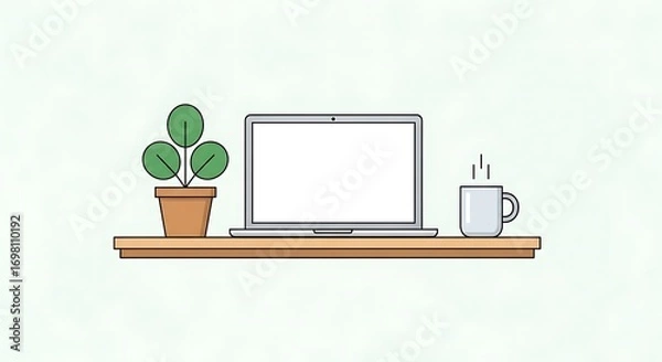 Fototapeta Modern workspace minimalist illustration with computer, mug and plant