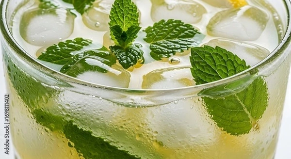 Fototapeta Refreshing mojito with fresh mint leaves and ice cubes in a glass