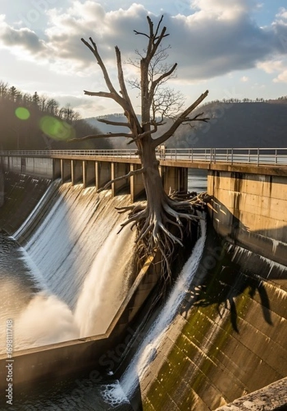 Fototapeta Resilient bare tree growing from dam, symbolizes endurance and adaptation