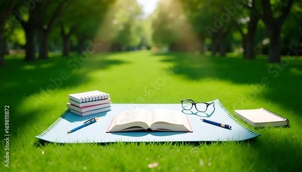 Fototapeta A peaceful garden with a clean mat spread on the grass, an open book placed on the mat, surrounded by study materials like notebooks, pens, and glasses, calm atmosphere, sunlight filtering through tre