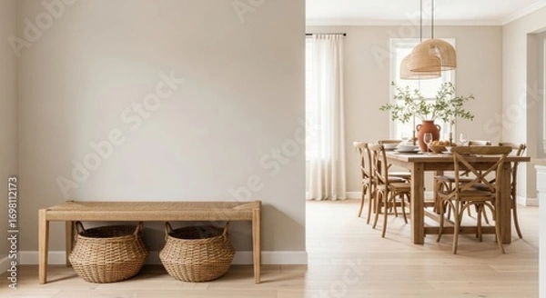 Obraz Woven Bench with Baskets and Dining Room View, Natural Light Interior