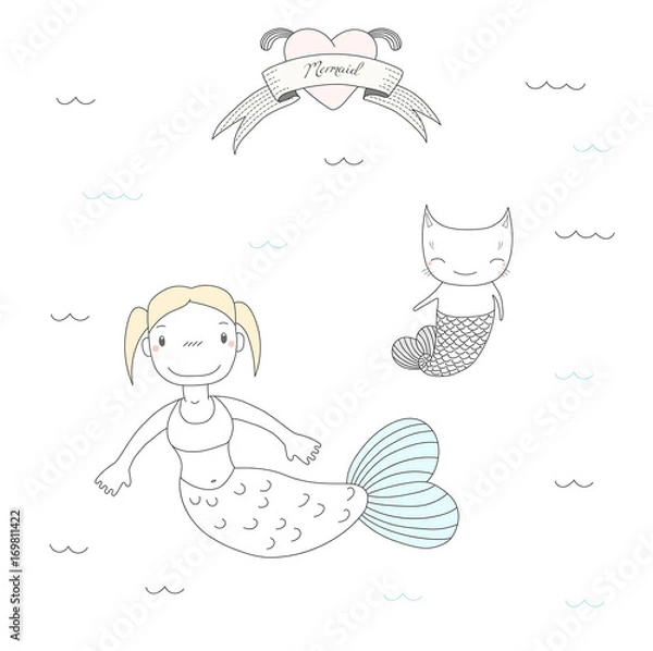 Fototapeta Hand drawn vector illustration of a cute little mermaid girl and a cat with fish tail, swimming in the sea, heart and text Mermaid.