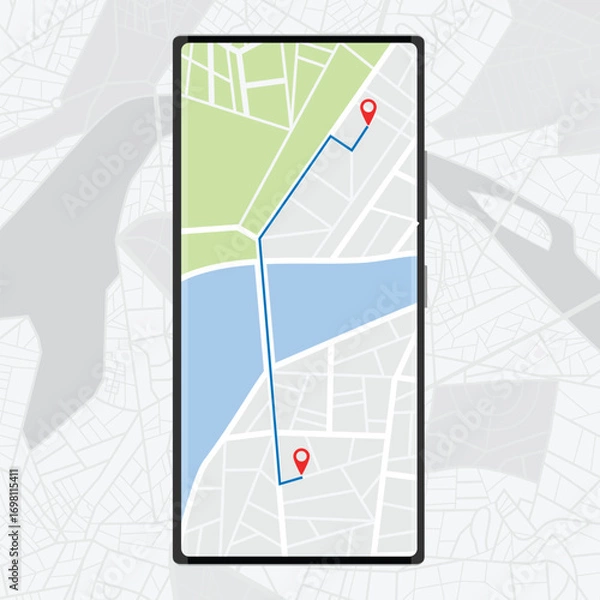 Fototapeta Smartphone map app with GPS navigation and red marker location pin point on screen and city map on background
