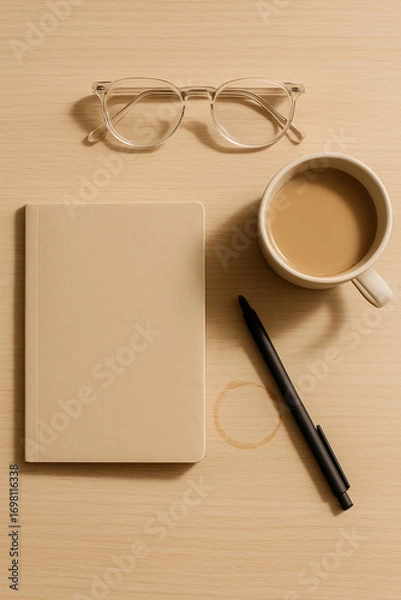 Obraz Flat lay of notebook, pen, glasses and coffee cup with stain mark on wooden table