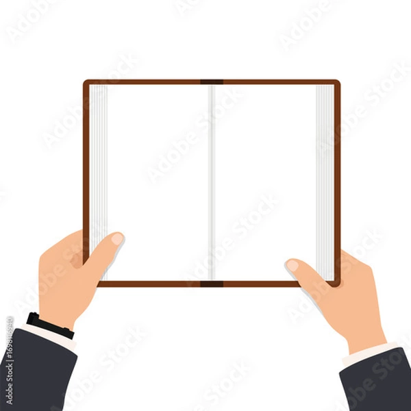 Fototapeta Hands holding open book with blank pages
