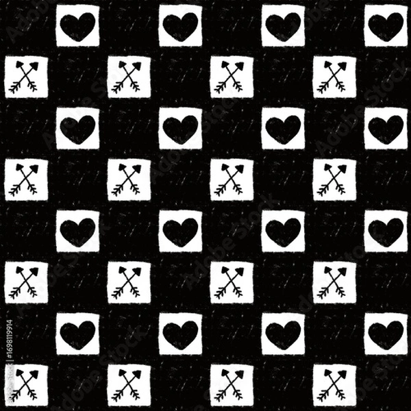 Fototapeta A seamless black and white pattern featuring alternating heart shapes and crossed arrows in square tiles. This minimalist and romantic design is perfect for Valentine’s Day, wedding backgrounds