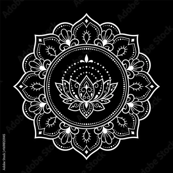 Fototapeta Circular pattern in form of mandala with Lotus flower for Henna, Mehndi, tattoo, decoration. Decorative ornament in ethnic oriental style. Outline doodle hand draw vector illustration.