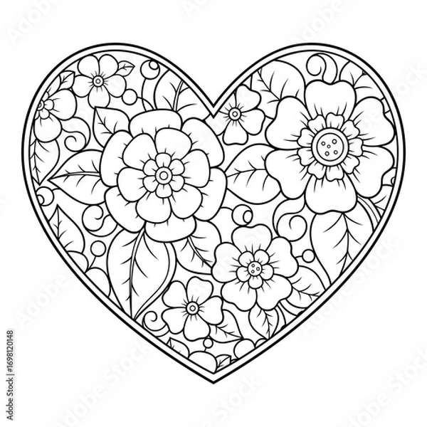 Fototapeta Mehndi flower pattern in form of heart for Henna drawing and tattoo. Decoration in ethnic oriental, Indian style. Valentine's day greetings. Coloring book page.