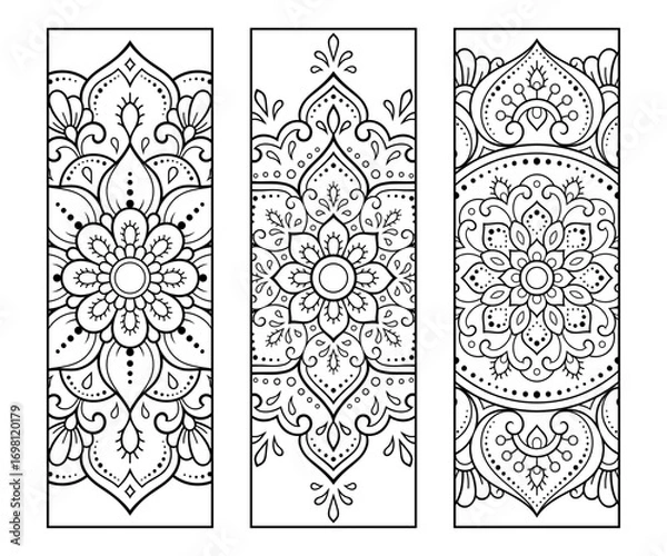 Fototapeta Printable bookmark for book - coloring. Set of black and white labels with flower patterns, hand draw in mehndi style. Sketch of ornaments for creativity of children and adults with colored pencils.