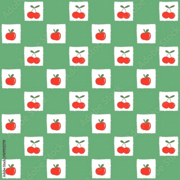 Fototapeta A seamless fruit pattern featuring red apples and cherries in white square tiles on a green background. This playful and colorful design is perfect for fabric prints, kitchen textiles, wrapping paper