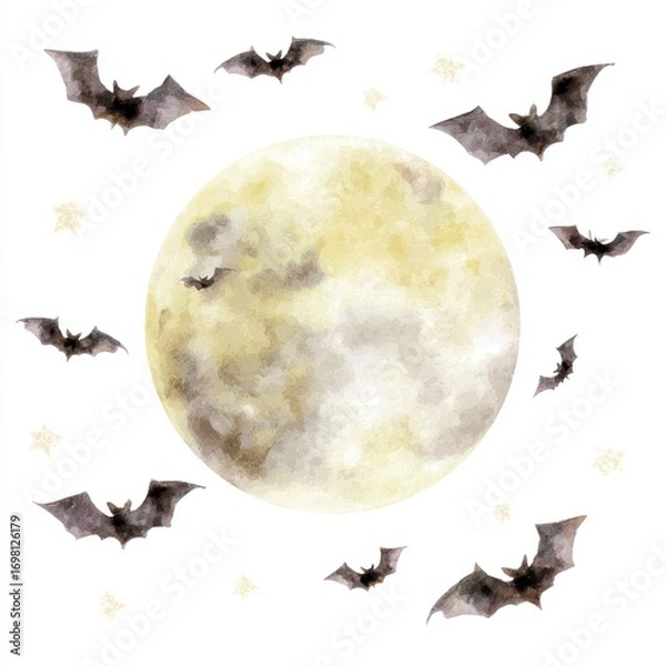 Fototapeta Bats flying around watercolor moon