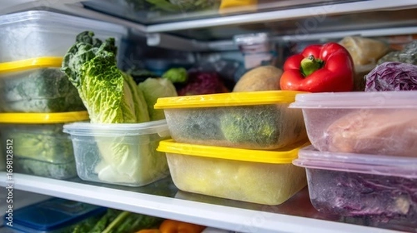 Fototapeta Close-up of frozen vegetables and fruits in plastic containers stacked on refrigerator door shelves, featuring red bell pepper, green leafy vegetables, and colorful ingredients for healthy meals.
