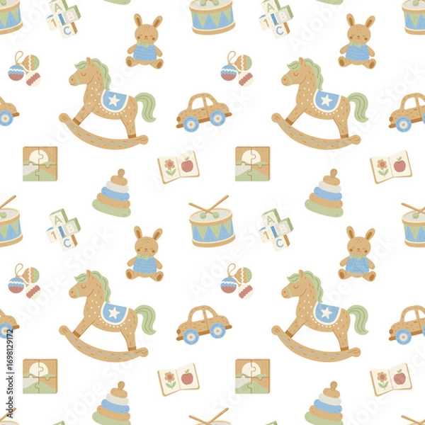 Fototapeta Seamless kids pattern with rocking horse and wooden toys in Scandinavian hygge style. Cute pastel vector design for nursery fabric, wrapping paper, packaging and children’s decor.