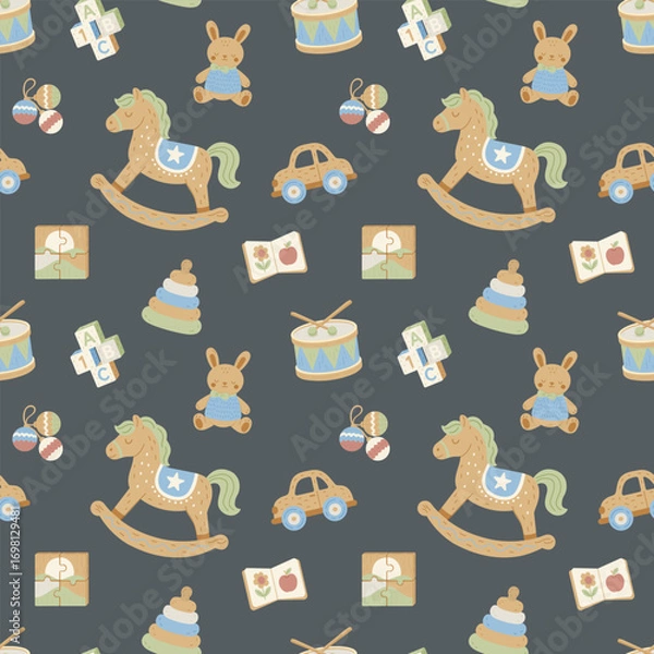 Fototapeta Seamless kids pattern with rocking horse and wooden toys in Scandinavian hygge style. Cute pastel vector design for nursery fabric, wrapping paper, packaging and children’s decor.