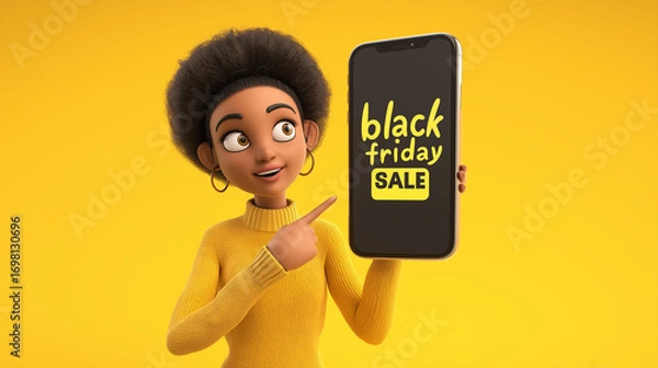 Fototapeta Smartphone Sale: A dynamic illustration of a smiling person showcasing the enticing Black Friday sale on a smartphone screen, inviting viewers to seize exclusive offers.