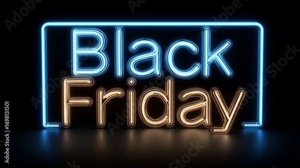 Fototapeta Neon Black Friday: A visually stunning depiction of the Black Friday message illuminated in radiant neon, casting a vivid glow against a rich dark setting.