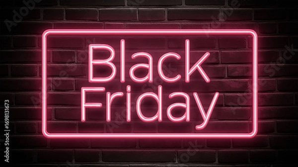 Fototapeta Neon Black Friday: A vibrant neon sign illuminates the words Black Friday against a textured brick wall, creating a bold and eye-catching announcement for the highly anticipated shopping event.