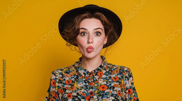 Fototapeta Playful Expression: A stylish woman playfully pouts, adorned with a hat and a patterned blouse, set against a vibrant background.