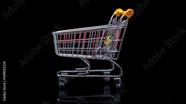 Fototapeta Shopping Cart on Black: A sleek shopping cart, bathed in dramatic light, poised against a stark black backdrop, embodies the essence of retail, consumerism, and commerce.