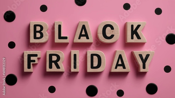 Fototapeta Black Friday Typography on Pink Backdrop: A stylish and eye-catching composition featuring the words BLACK FRIDAY meticulously arranged against a vibrant pink background.