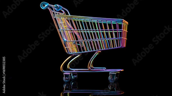 Fototapeta Shopping Cart in Color Spectrum: A meticulously crafted, miniature shopping cart gleams under a spectrum of vivid lights. The cart's form is showcased in sharp focus against a dark backdrop.