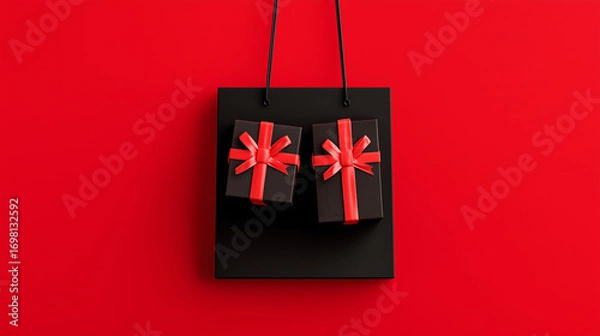 Fototapeta Gifts of Grandeur: An inviting image showcasing an array of two beautifully wrapped gift boxes nestled within a sleek shopping bag, all against a striking, solid-colored backdrop of rich red.