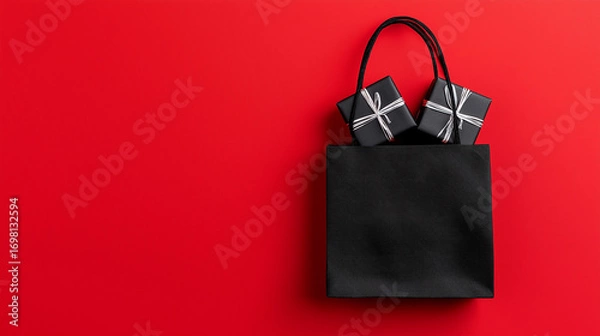 Fototapeta Black Friday Gift: A top-down view unveils a stylish black shopping bag, overflowing with carefully wrapped gifts, set against a vibrant red backdrop, exuding excitement and anticipation.