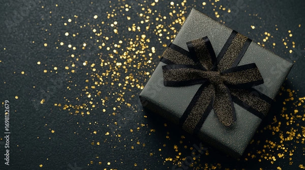 Fototapeta Elegant Gift Presentation: A sophisticated grey gift box, adorned with a dark ribbon, rests amidst a scattering of shimmering golden confetti against a deep black backdrop.