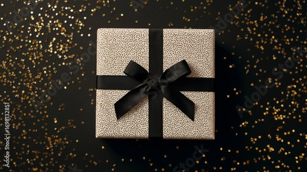 Fototapeta Gift Box Delight: A beautifully wrapped gift box adorned with a ribbon rests on a bed of shimmering golden sparkles, creating an atmosphere of luxury and celebration.