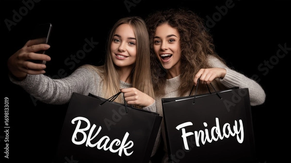 Fototapeta Black Friday Selfie: Two excited women flash a radiant smile while capturing a shopping spree moment with a selfie and holding shopping bags. A scene that depicts the joy of retail therapy.