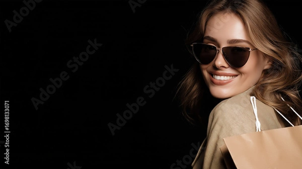 Fototapeta Fashion Forward: A stylish woman, radiating confidence, dons sunglasses and carries shopping bags, turning to face the viewer with a captivating smile, against a backdrop of deep, dramatic shadows.