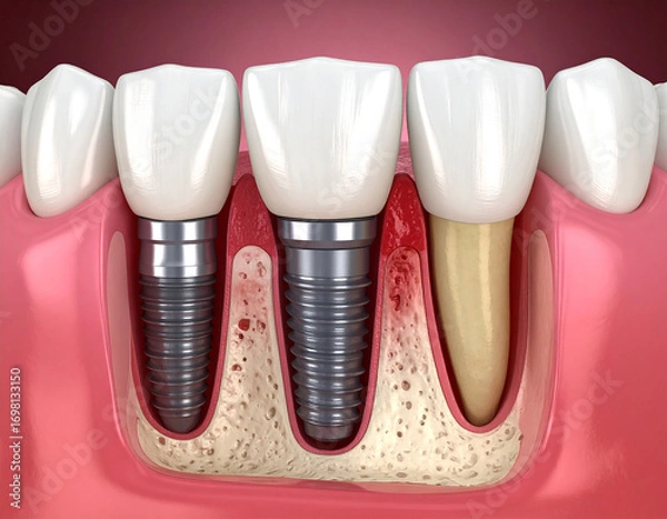 Fototapeta Dental implant cross section inflamed gum bone surrounding tooth root image