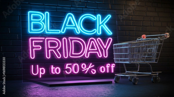 Fototapeta Black Friday Neon Sign with Shopping Cart: Illuminated neon sign offering Up to 50% Off paired with an empty shopping cart, captures the anticipation and excitement of the annual shopping frenzy.