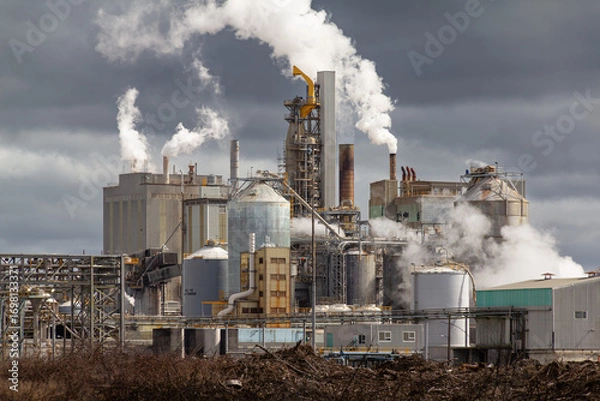 Fototapeta Kinleith Mill, New Zealand. Pulp and paper plant. Photo taken shortly after paper production ceased in June 2025 and only bleached kraft pulp production continued.