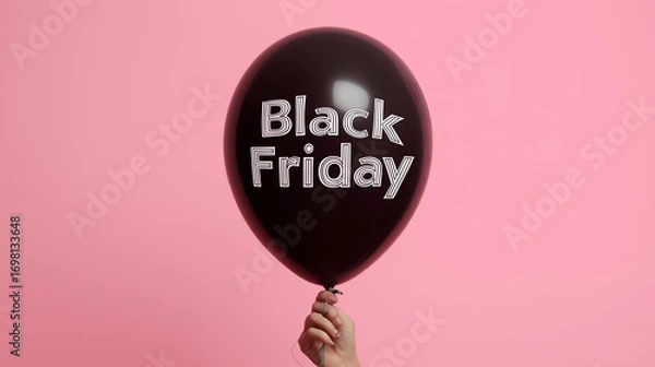 Fototapeta Black Friday Balloon: Capturing the essence of Black Friday, a sleek, black balloon emblazoned with the words Black Friday is held aloft against a soft pink backdrop.