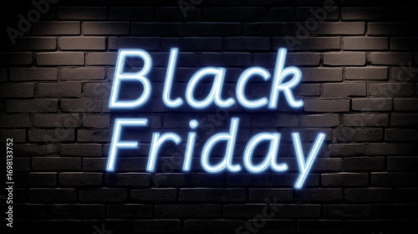 Fototapeta Black Friday Neon Sign: A captivating illuminated neon sign spells out Black Friday against a textured dark brick wall background, with glowing letters, evokes the anticipation of a shopping event.
