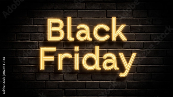Fototapeta Illuminated Black Friday Sign: A captivating sign, featuring the words Black Friday in bold, neon-style lettering, is mounted against a dark, textured brick wall.